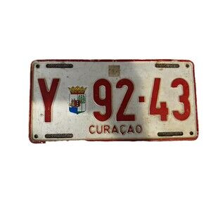 Authentic Curacao License Plate V 9743 Red White Island Coat of Arms
